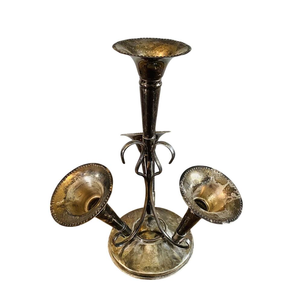 Antique Vintage Victorian Epergne Silverplate Vase with 4 Trumpets 12" Tall